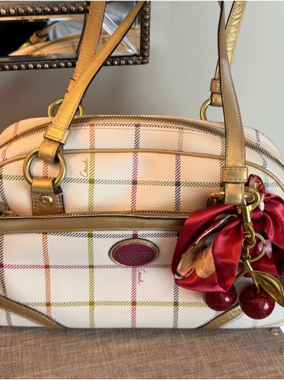 Coach White Plaid Satchel with Gold Straps and Red Charm - Picture 2 of 9